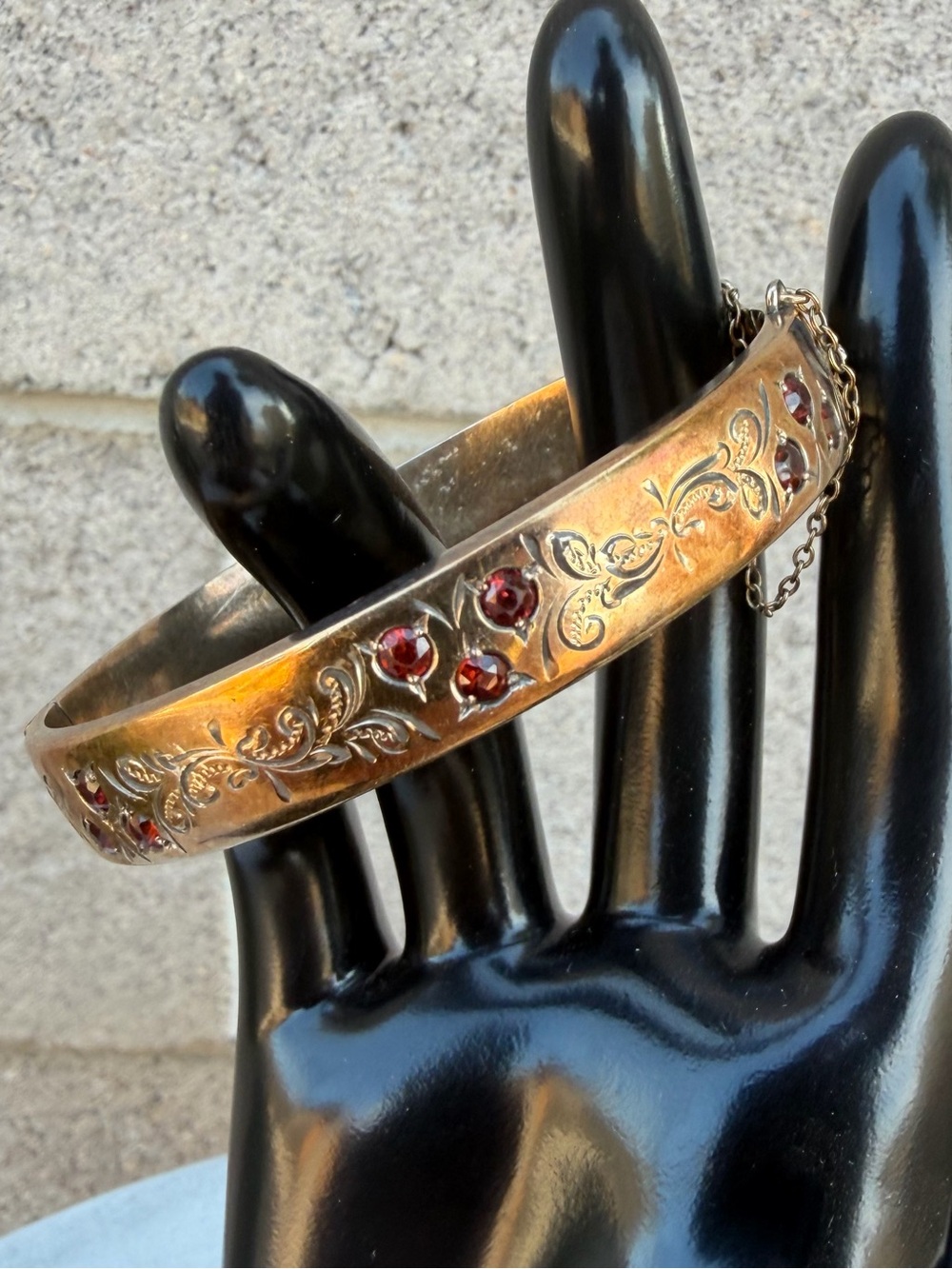 Vintage H&S 9ct Rolled Gold Sterling Silver Engraved Garnet Red Bangle Bracelet